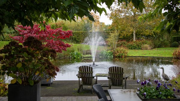 jardin anglais avec fauteuils en bois